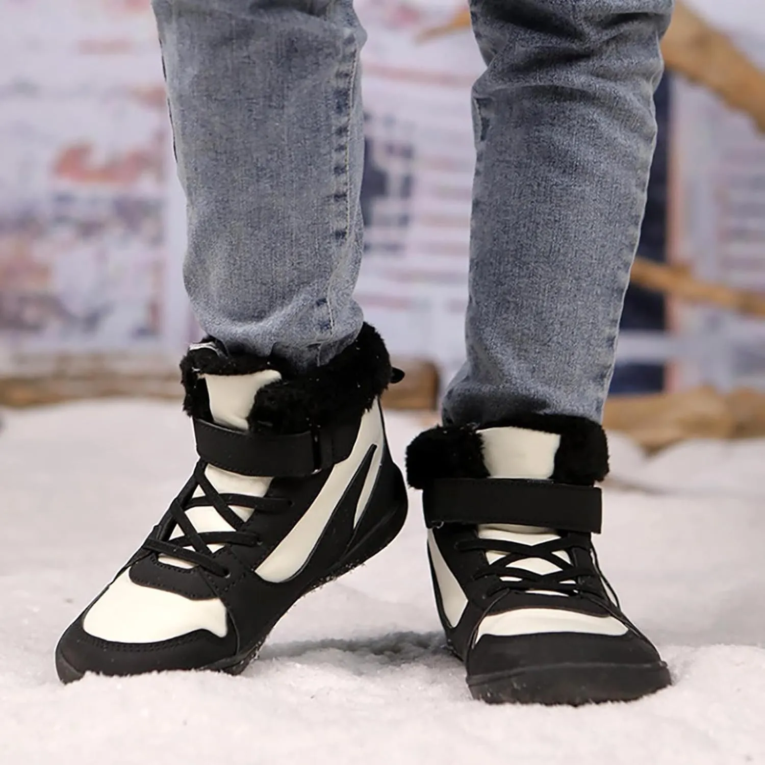 Big Kids Barefoot Fr Lined Boots Boys Girls Black Running Snow Fleece Boots Fuzzy Hiking Walking Flat Shoes