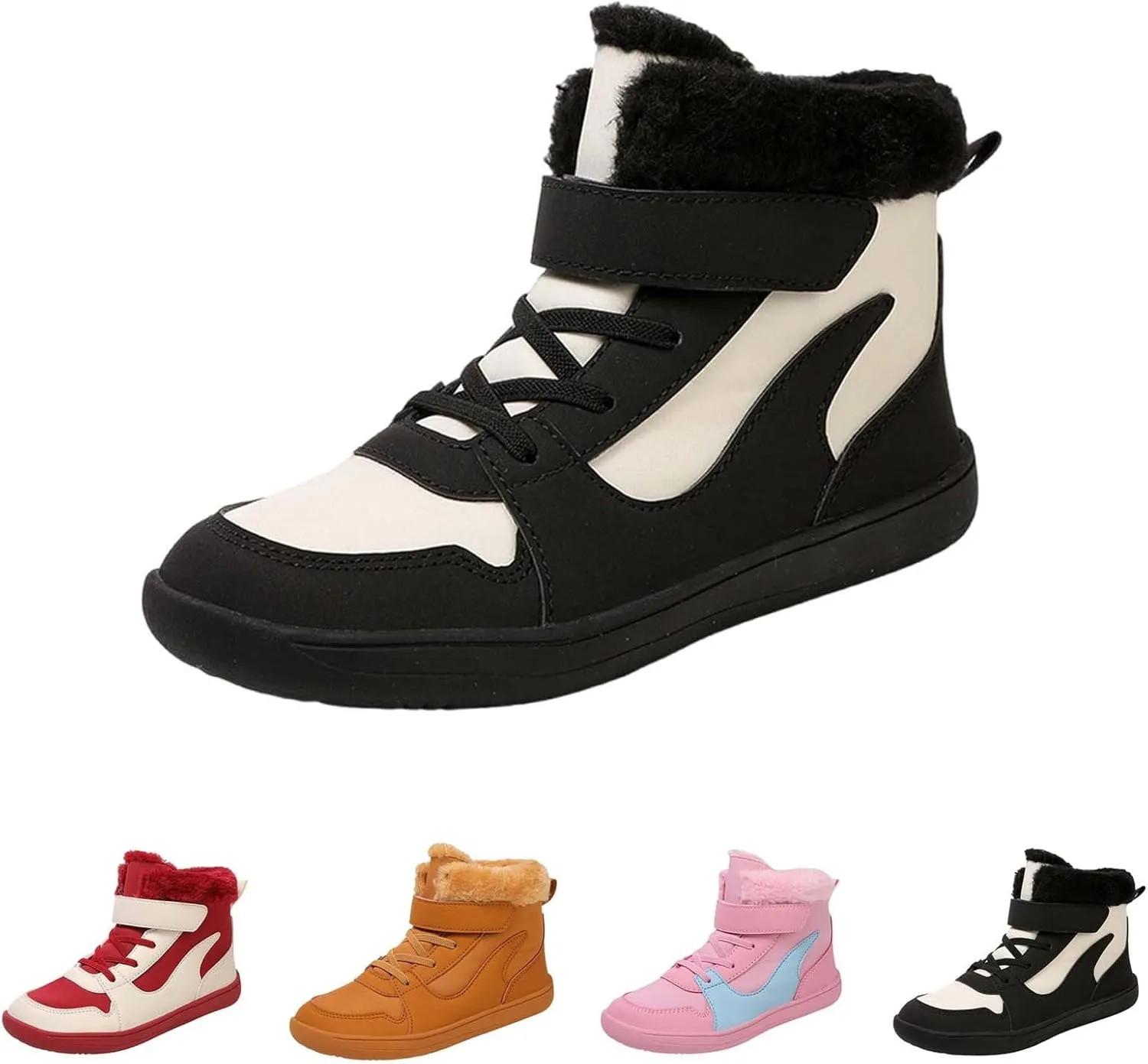 Big Kids Barefoot Fr Lined Boots Boys Girls Black Running Snow Fleece Boots Fuzzy Hiking Walking Flat Shoes