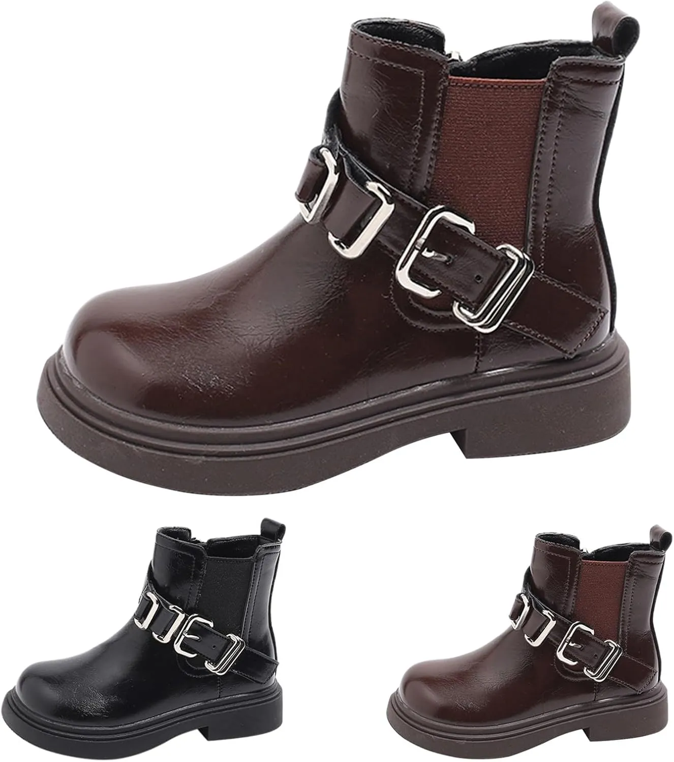 Girls Buckle Ankle Boots with Side Zipper Low Heel Soft Rubber Bottom Fashion Hiking Shoes for Toddler Girl Booties