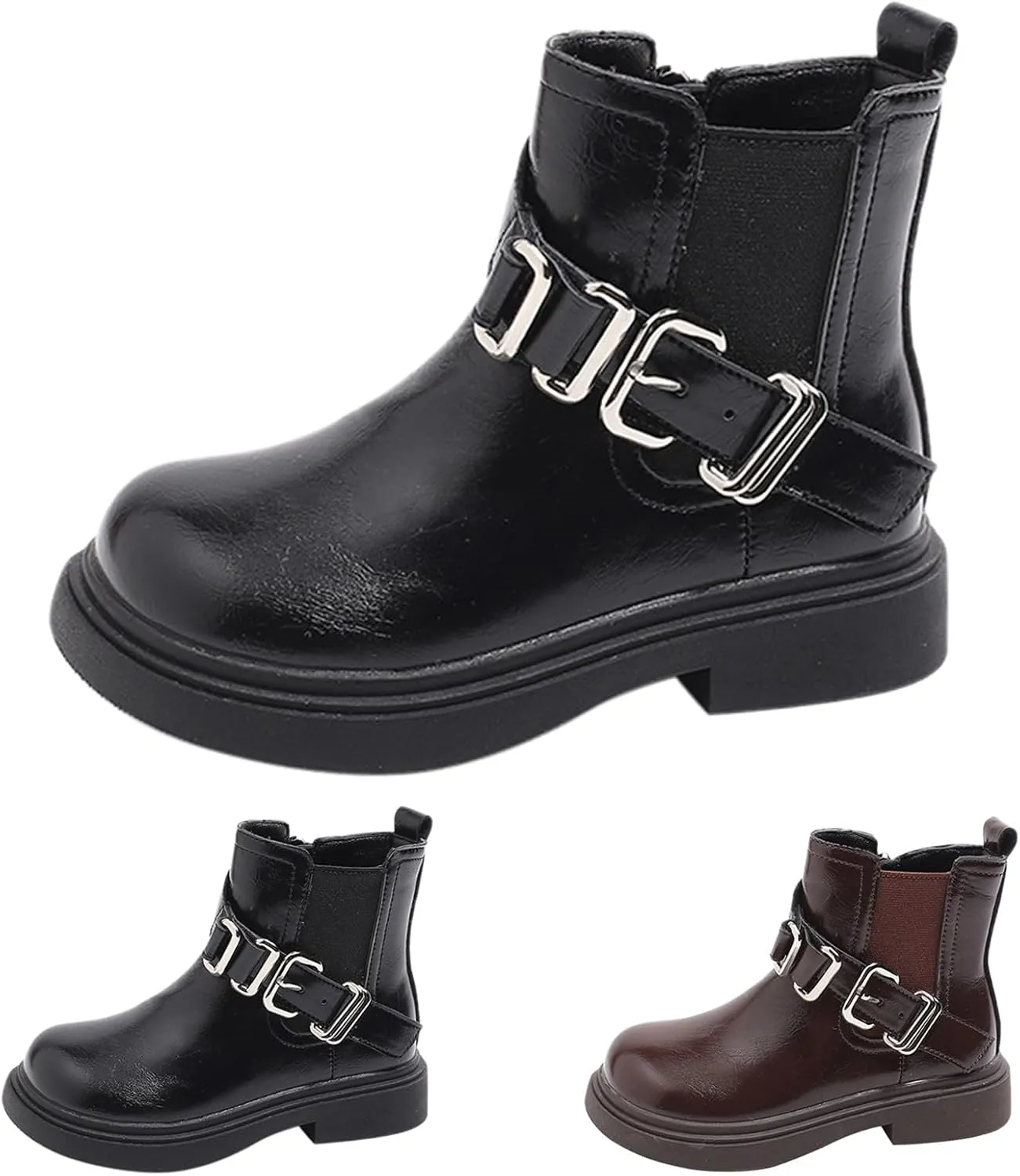 Girls Buckle Ankle Boots with Side Zipper Low Heels Soft Rubber Bottoms Hiking Shoes Girls Winter Boots Toddler Size 8