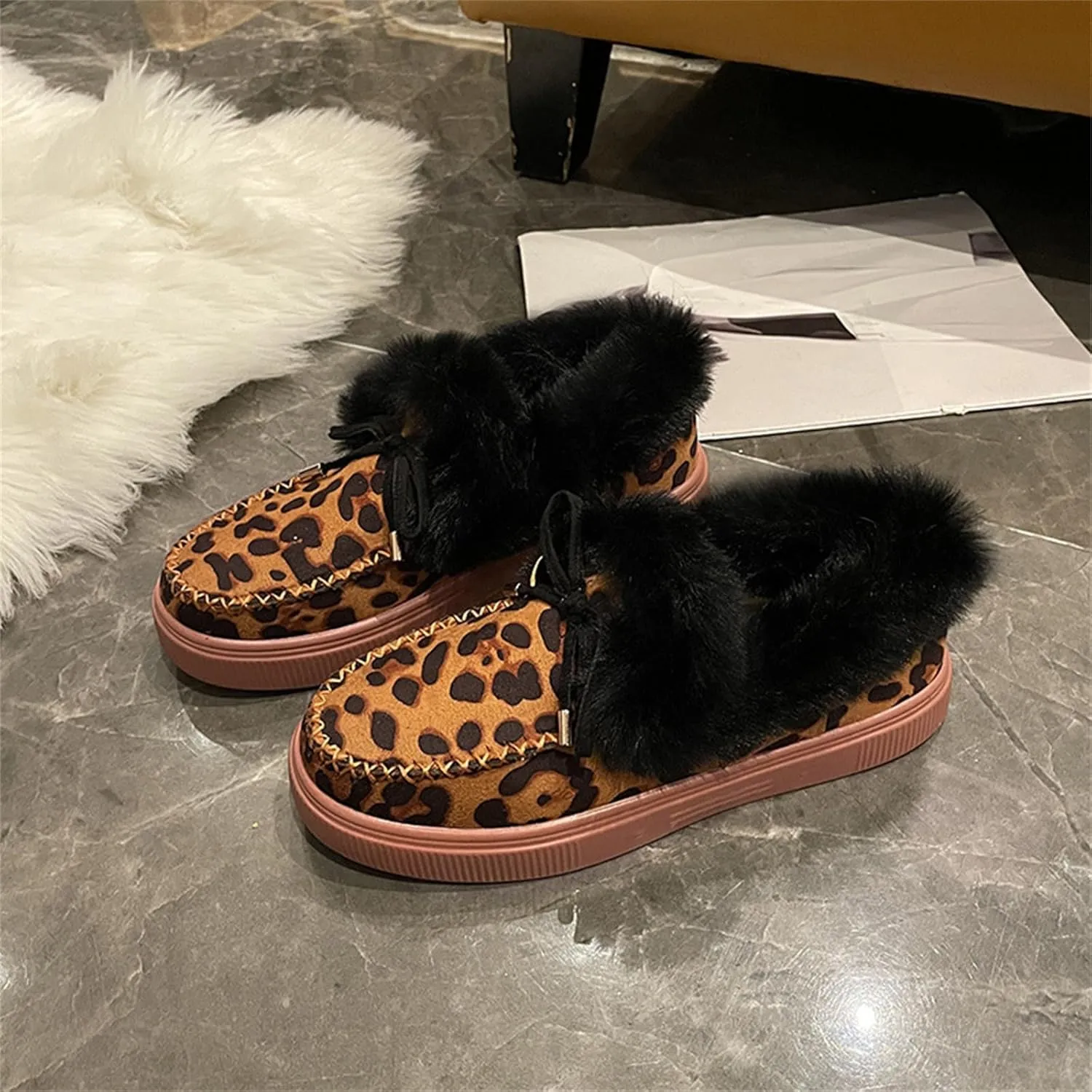 Ladmiple Snow Boots For Women Wide Faux Fur Lined Warm Winter Outdoor Short Ankle Booties Slip On Comfortable Walking Shoes